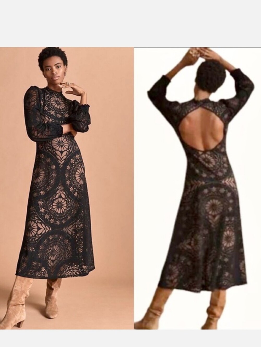 FARM Rio Black Lace Maxi Dress with Nude Lining Size L USED ONCE